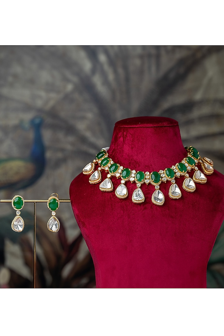 Gold Plated Moissanite Polki & Emerald Green Stone Necklace Set In Sterling Silver by Varq Jewels at Pernia's Pop Up Shop