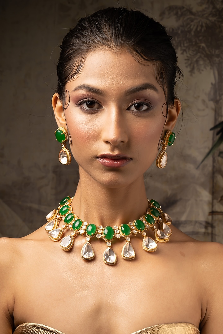 Gold Plated Moissanite Polki & Emerald Green Stone Necklace Set In Sterling Silver by Varq Jewels at Pernia's Pop Up Shop
