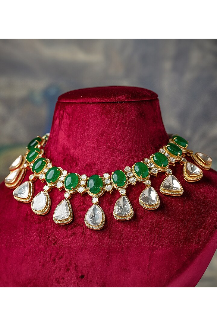 Gold Plated Moissanite Polki & Emerald Green Stone Necklace Set In Sterling Silver by Varq Jewels at Pernia's Pop Up Shop