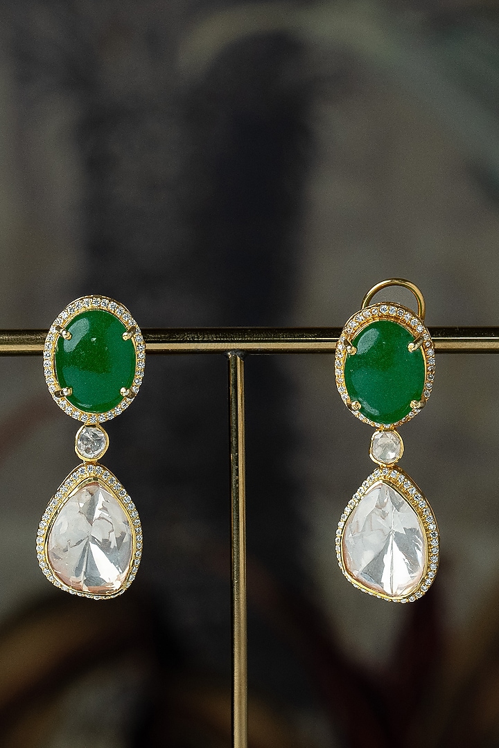 Gold Plated Moissanite Polki & Emerald Green Stone Necklace Set In Sterling Silver by Varq Jewels at Pernia's Pop Up Shop