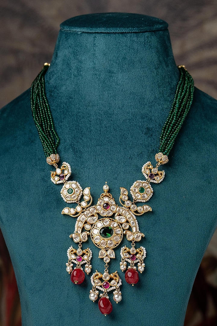 Gold Plated Moissanite Polki & Synthetic Stone Beaded Long Necklace by Varq Jewels at Pernia's Pop Up Shop