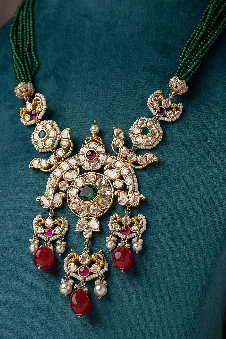 Gold Plated Moissanite Polki & Synthetic Stone Beaded Long Necklace by Varq Jewels at Pernia's Pop Up Shop