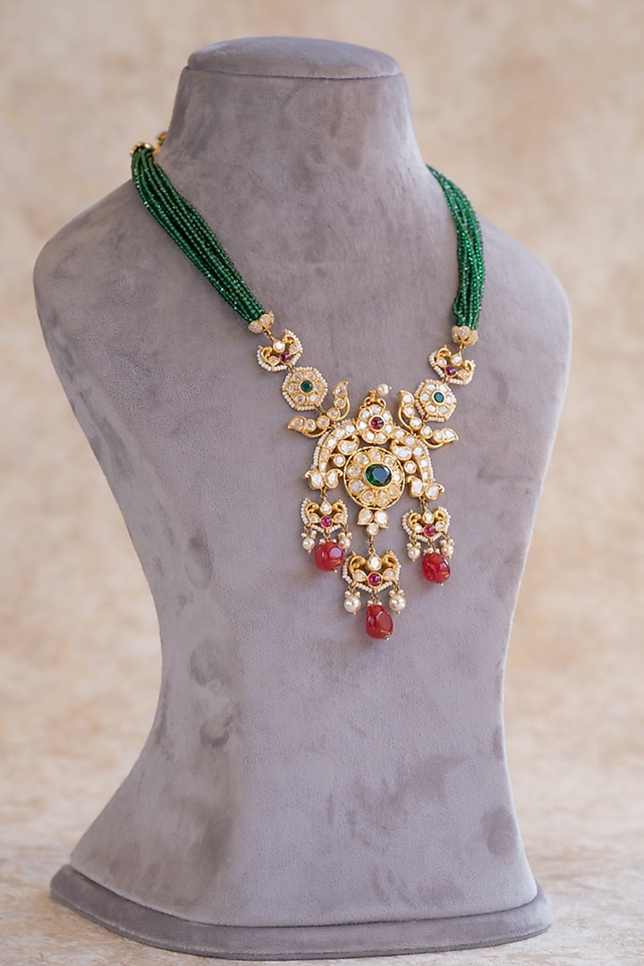 Gold Plated Moissanite Polki & Synthetic Stone Beaded Long Necklace by Varq Jewels at Pernia's Pop Up Shop