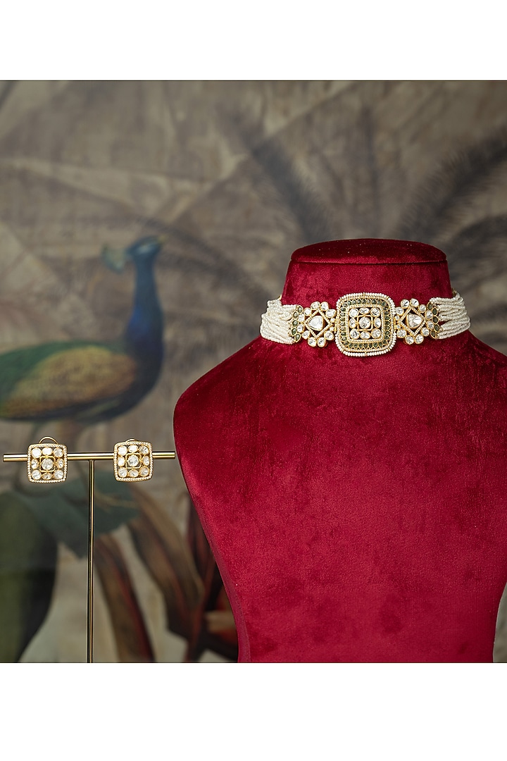 Gold Plated Moissanite Polki & Pearl Enameled Choker Necklace Set In Sterling Silver by Varq Jewels at Pernia's Pop Up Shop