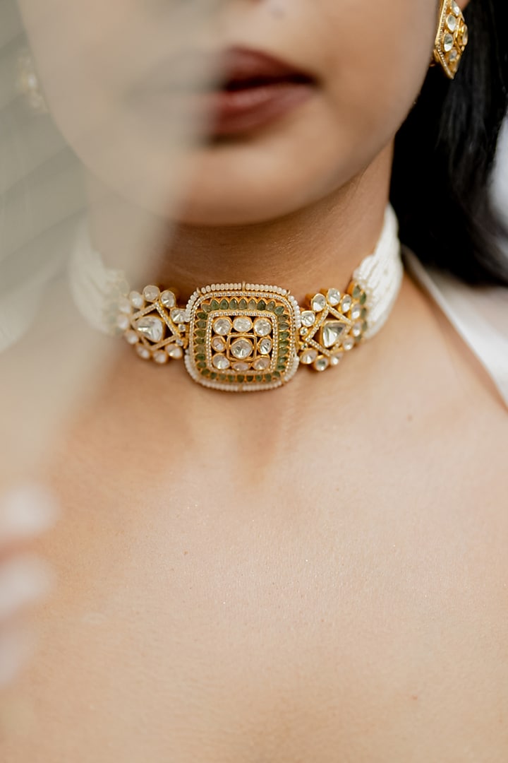 Gold Plated Moissanite Polki & Pearl Enameled Choker Necklace Set In Sterling Silver by Varq Jewels at Pernia's Pop Up Shop