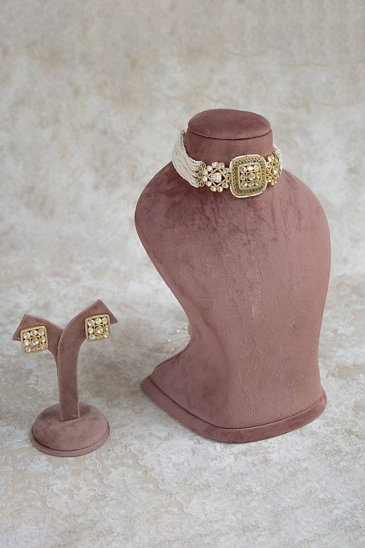 Gold Plated Moissanite Polki & Pearl Enameled Choker Necklace Set In Sterling Silver by Varq Jewels at Pernia's Pop Up Shop
