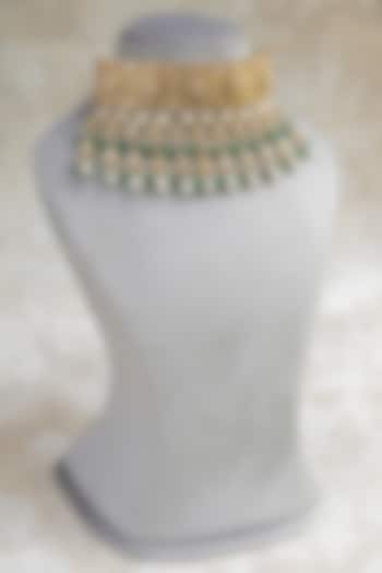 Gold Plated Moissanite Polki & Green Pearl Beaded Choker Necklace by Varq Jewels at Pernia's Pop Up Shop