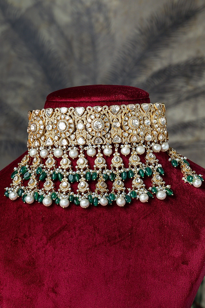 Gold Plated Moissanite Polki & Green Pearl Beaded Choker Necklace by Varq Jewels at Pernia's Pop Up Shop