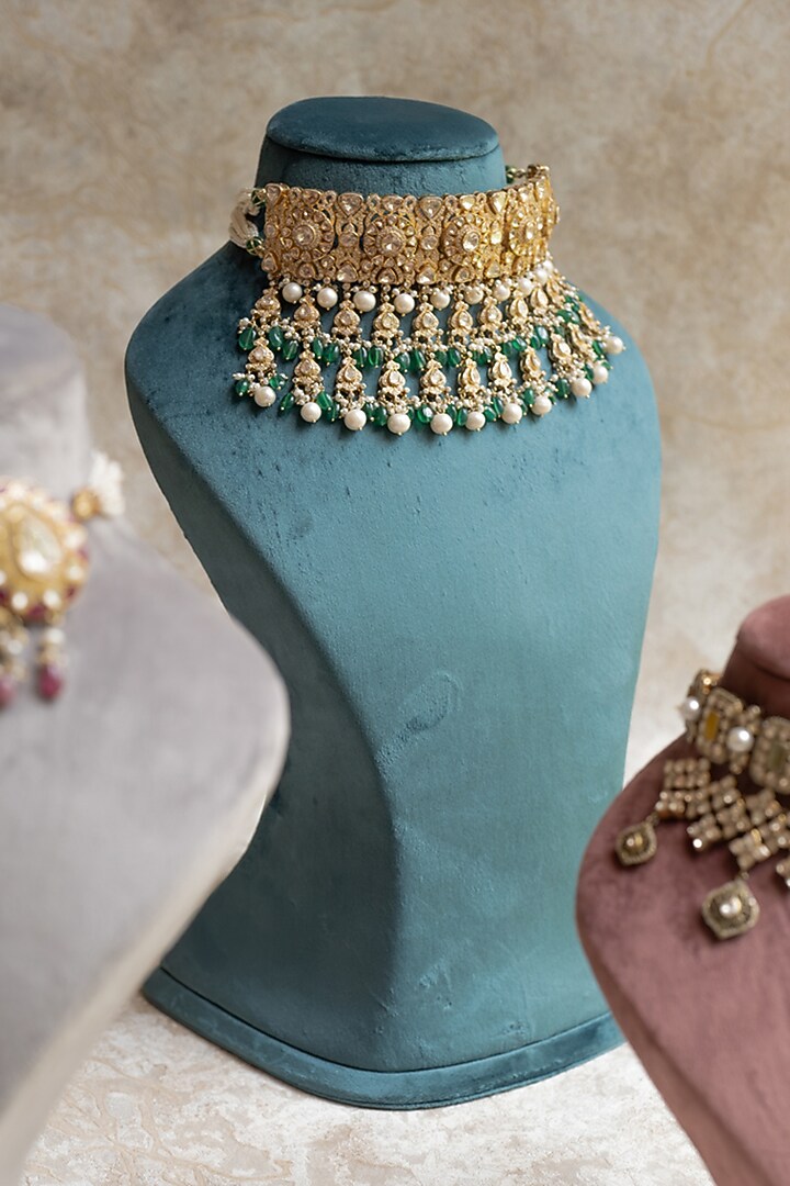 Gold Plated Moissanite Polki & Green Pearl Beaded Choker Necklace by Varq Jewels at Pernia's Pop Up Shop