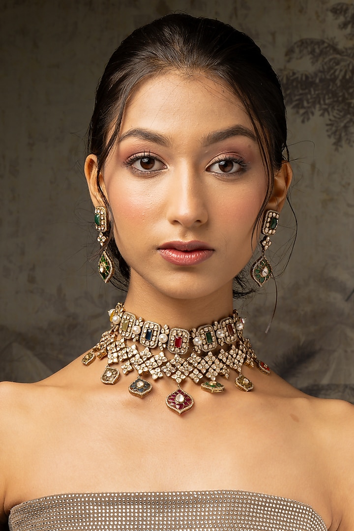 Gold Plated Moissanite Polki & Multi-Colored Stone Choker Necklace Set In Sterling Silver by Varq Jewels at Pernia's Pop Up Shop