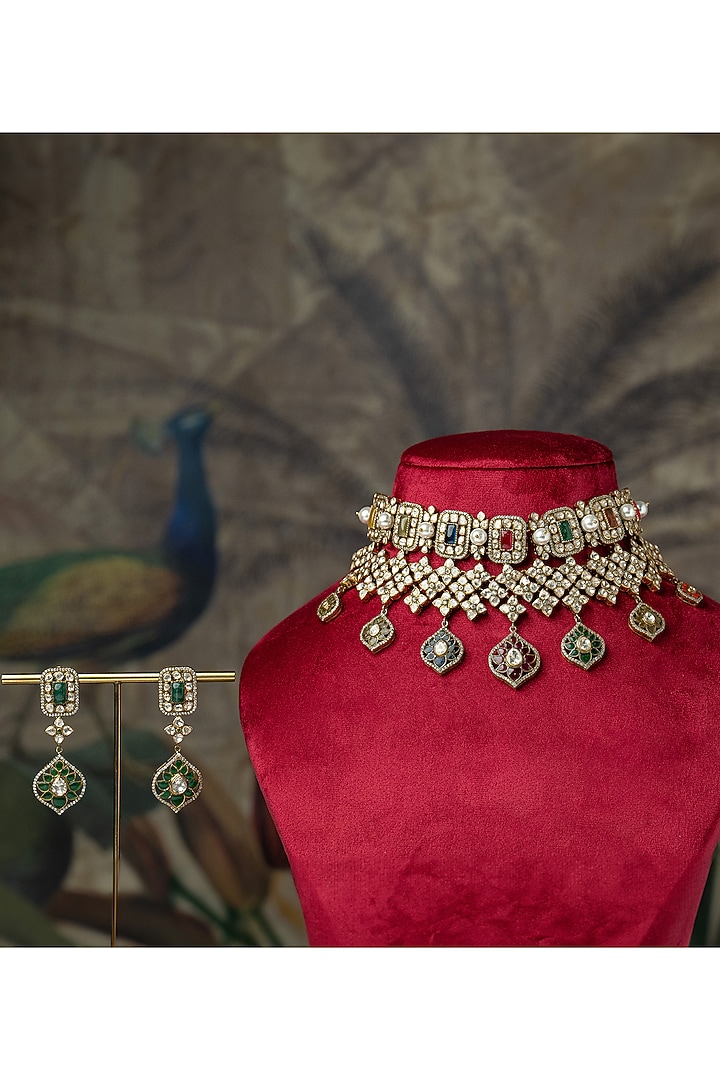 Gold Plated Moissanite Polki & Multi-Colored Stone Choker Necklace Set In Sterling Silver by Varq Jewels at Pernia's Pop Up Shop