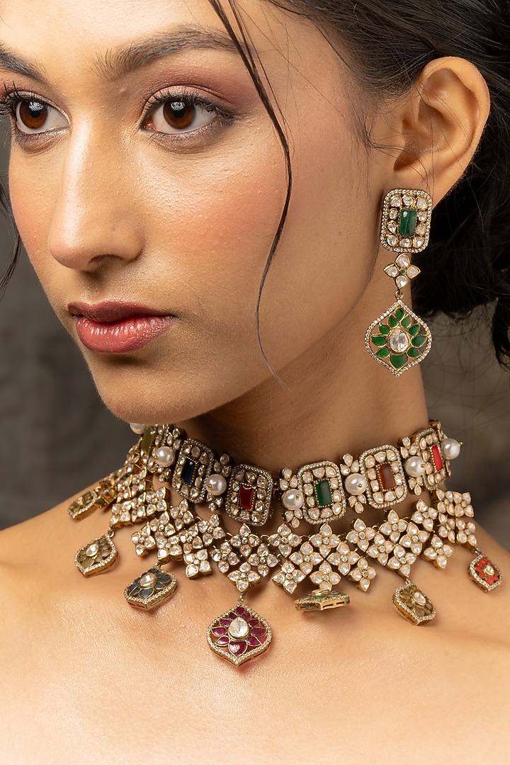 Gold Plated Moissanite Polki & Multi-Colored Stone Choker Necklace Set In Sterling Silver by Varq Jewels at Pernia's Pop Up Shop