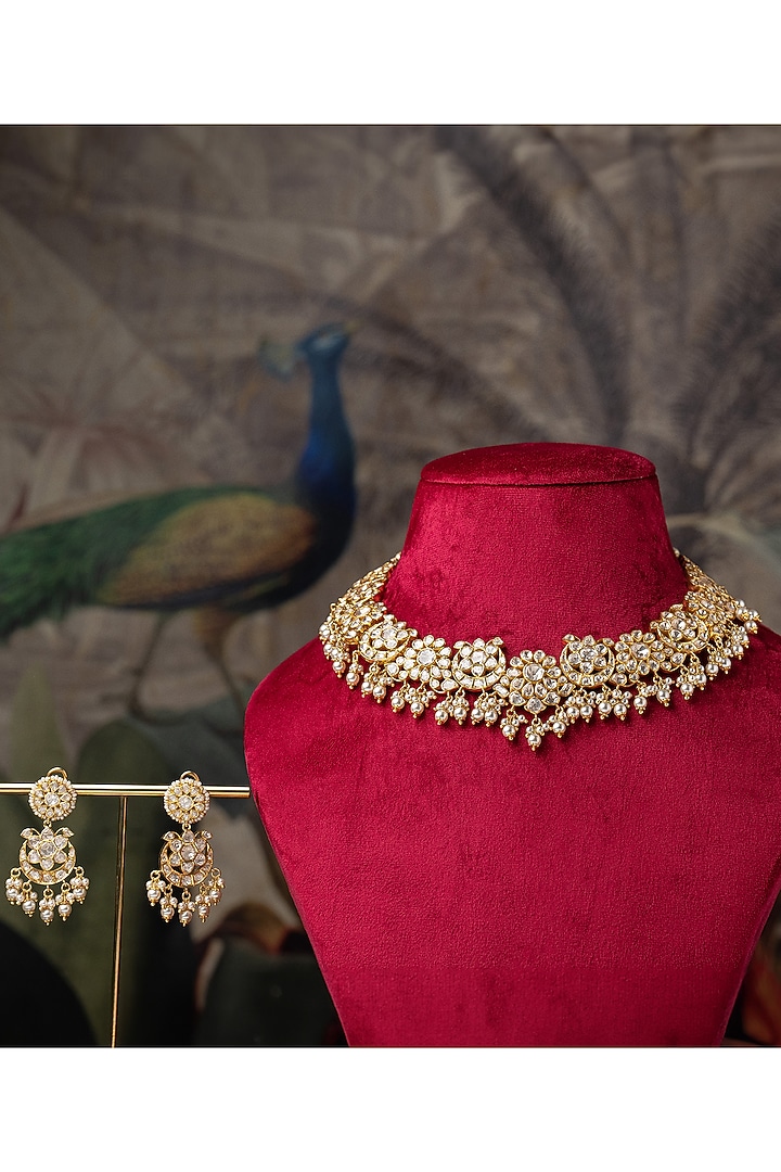 Gold Plated Moissanite Polki & Pearl Necklace In Sterling Silver by Varq Jewels at Pernia's Pop Up Shop
