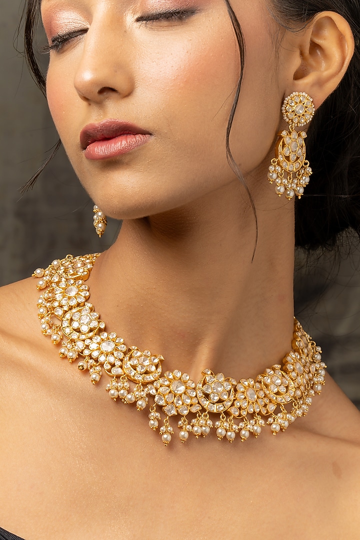 Gold Plated Moissanite Polki & Pearl Necklace Set In Sterling Silver by Varq Jewels at Pernia's Pop Up Shop