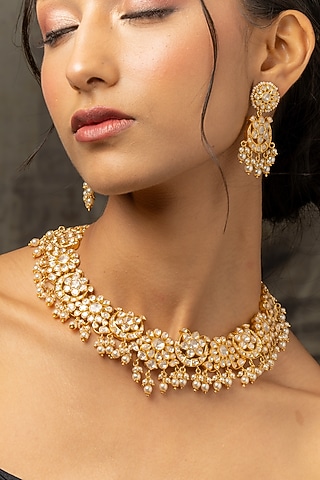 Gold Plated Moissanite Polki & Pearl Necklace In Sterling Silver by Varq Jewels