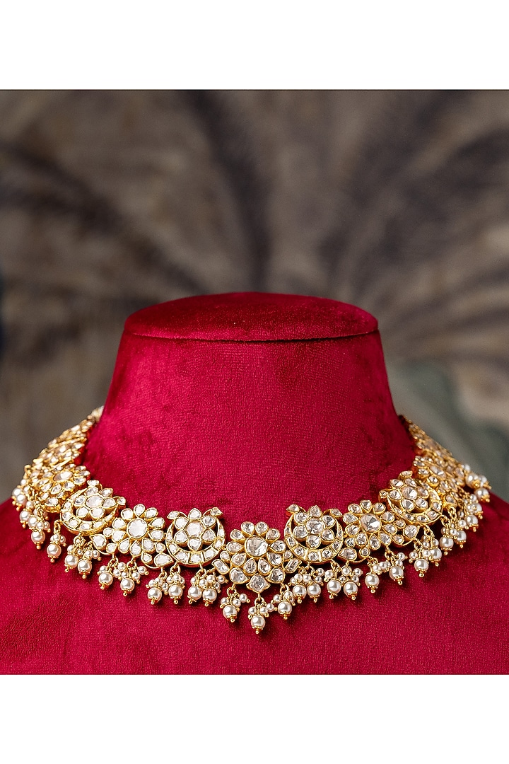 Gold Plated Moissanite Polki & Pearl Necklace In Sterling Silver by Varq Jewels at Pernia's Pop Up Shop