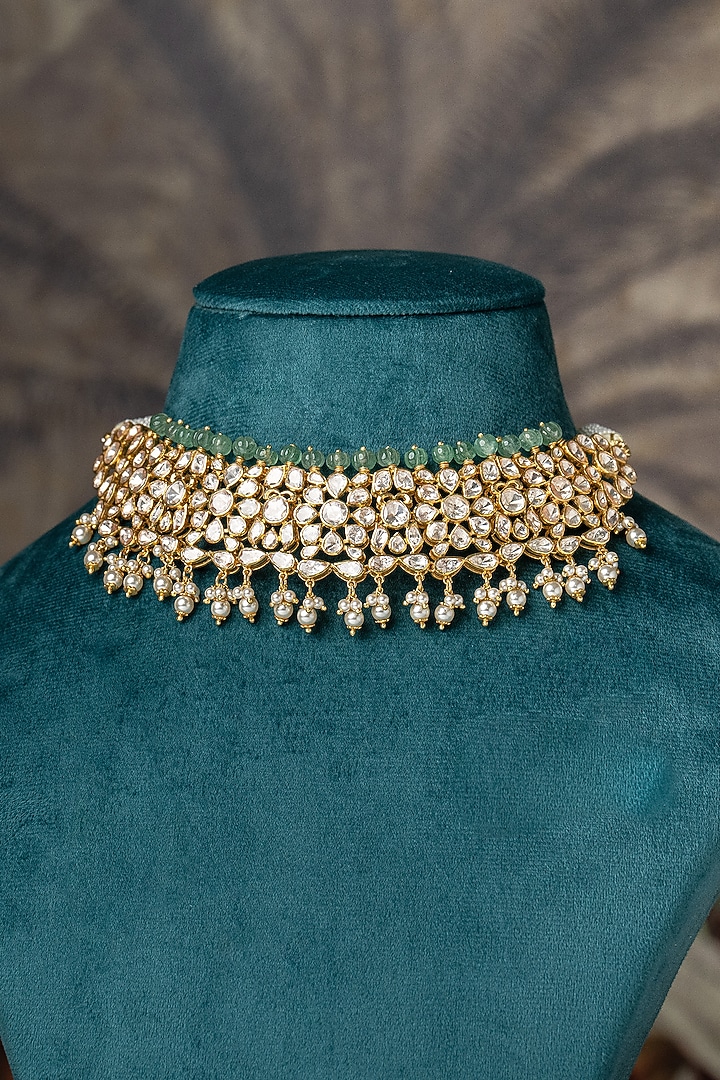 Gold Plated Moissanite Polki & Mint Green Beaded Necklace by Varq Jewels at Pernia's Pop Up Shop