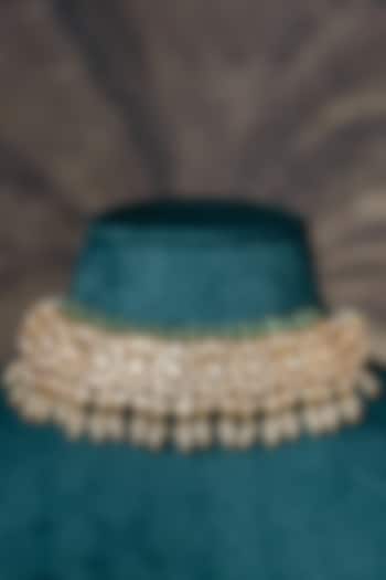 Gold Plated Moissanite Polki & Mint Green Beaded Necklace by Varq Jewels at Pernia's Pop Up Shop