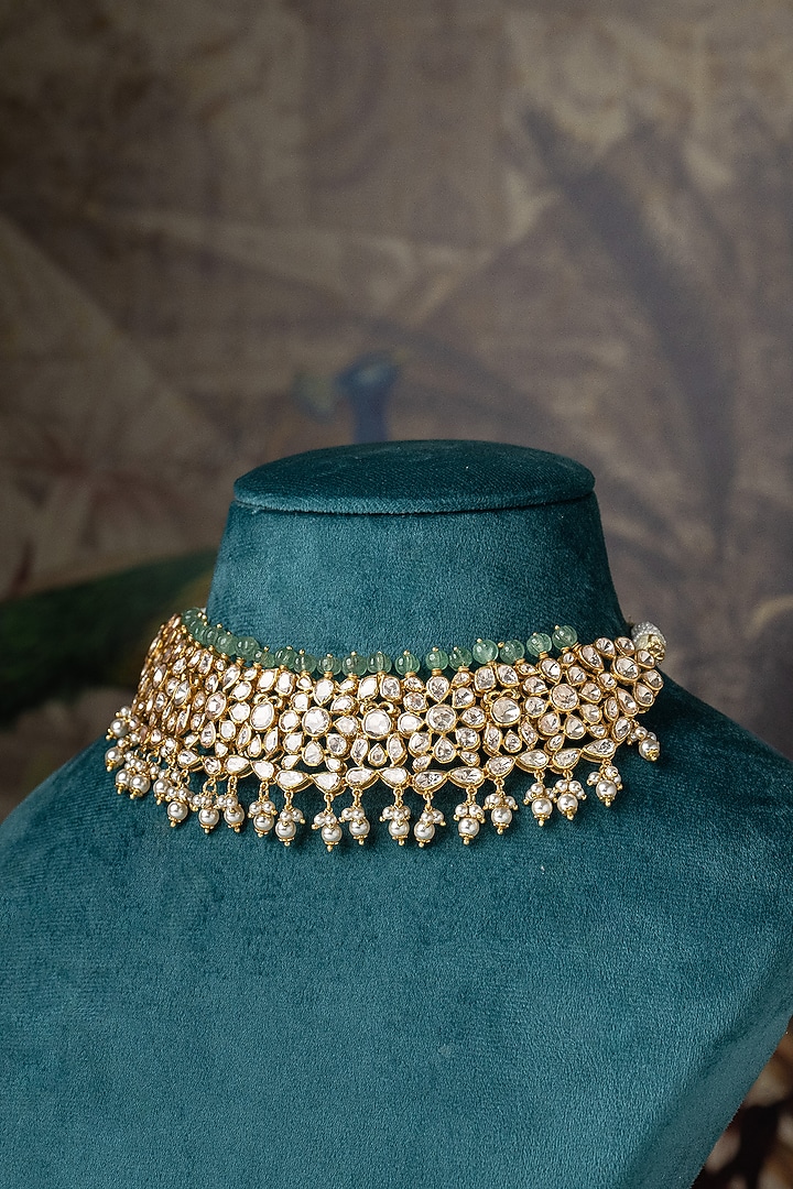Gold Plated Moissanite Polki & Mint Green Beaded Necklace by Varq Jewels at Pernia's Pop Up Shop