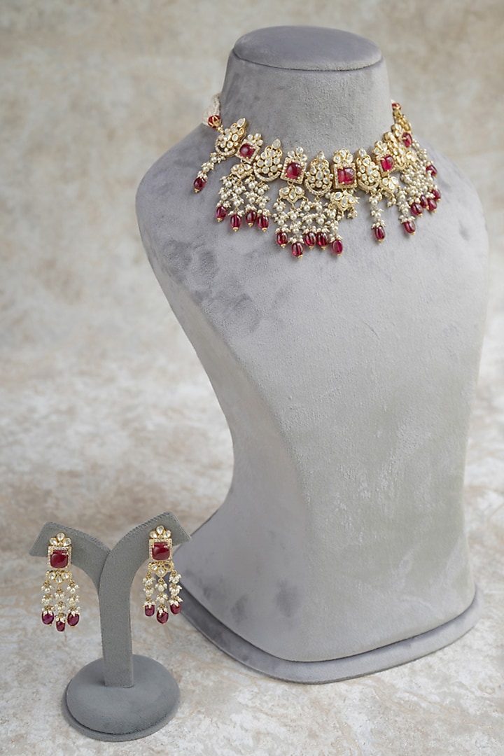 Gold Plated Moissanite Polki & Red Stone Beaded Necklace Set In Sterling Silver by Varq Jewels at Pernia's Pop Up Shop