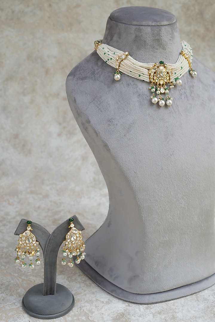 Gold Plated Moissanite Polki & Green Pearl Beaded Enameled Choker Necklace Set In Sterling Silver by Varq Jewels at Pernia's Pop Up Shop