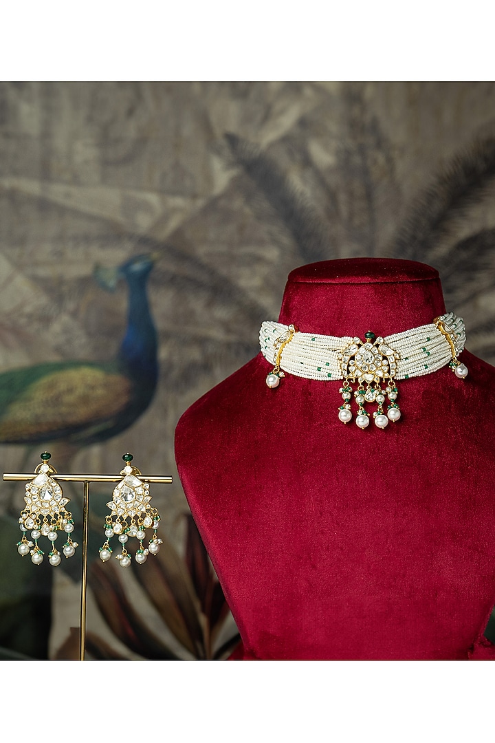 Gold Plated Moissanite Polki & Green Pearl Beaded Enameled Choker Necklace Set In Sterling Silver by Varq Jewels at Pernia's Pop Up Shop