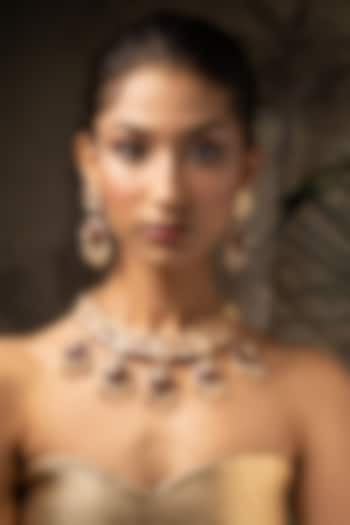 Gold Plated Moissanite Polki & Pearl Beaded Enameled Necklace Set In Sterling Silver by Varq Jewels at Pernia's Pop Up Shop