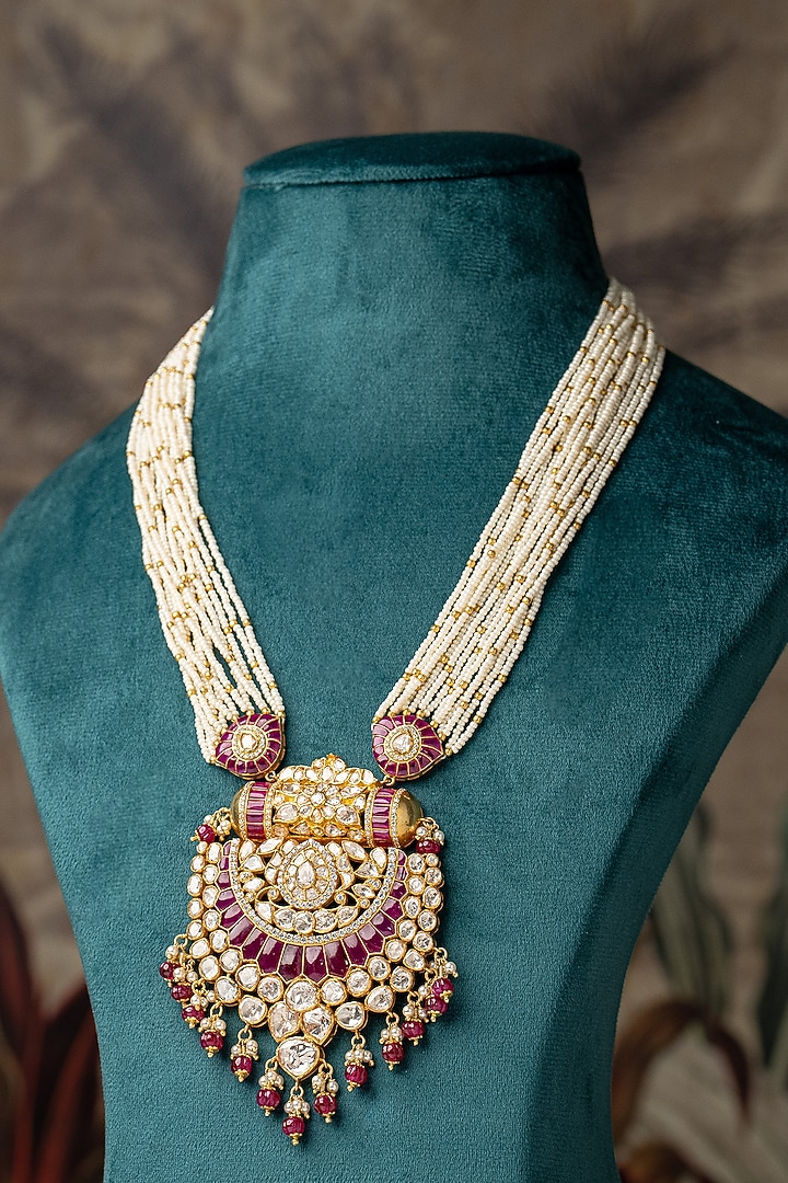 Gold Plated Moissanite Polki & Zirconia Beaded Long Necklace In Sterling Silver by Varq Jewels at Pernia's Pop Up Shop