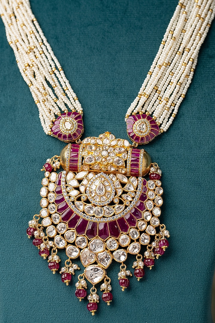 Gold Plated Moissanite Polki & Zirconia Beaded Long Necklace In Sterling Silver by Varq Jewels at Pernia's Pop Up Shop