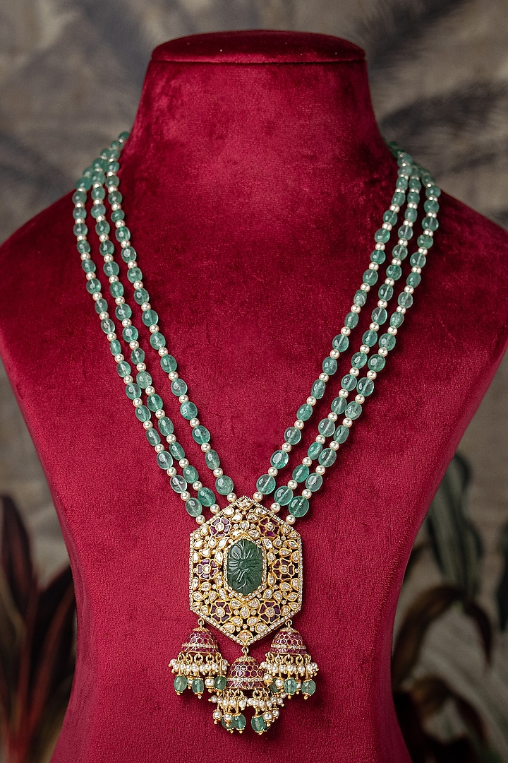 Gold Plated Moissanite Polki & Zirconia Beaded Long Necklace In Sterling Silver by Varq Jewels at Pernia's Pop Up Shop