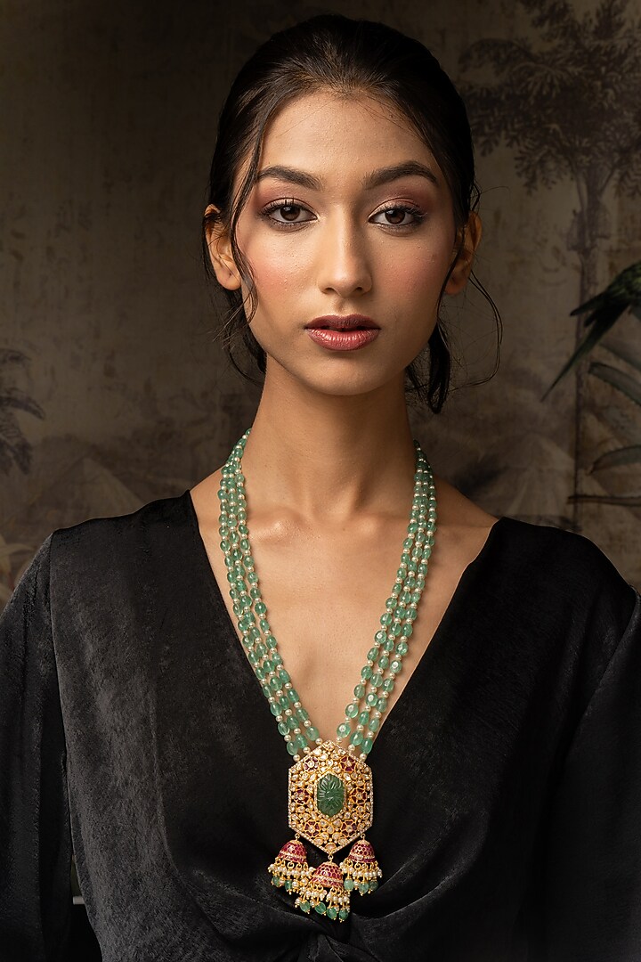 Gold Plated Moissanite Polki & Zirconia Beaded Long Necklace In Sterling Silver by Varq Jewels at Pernia's Pop Up Shop