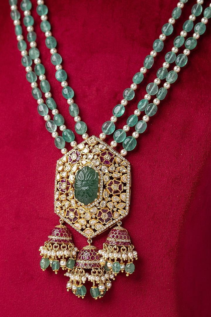 Gold Plated Moissanite Polki & Zirconia Beaded Long Necklace In Sterling Silver by Varq Jewels at Pernia's Pop Up Shop