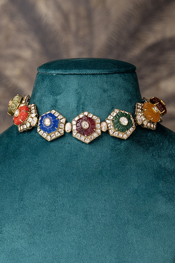 Gold Plated Moissanite Polki & Navratna Stone Choker Necklace In Sterling Silver by Varq Jewels at Pernia's Pop Up Shop