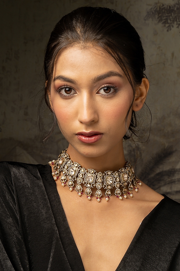 Gold Plated Moissanite Polki & Red Beaded Necklace In Sterling Silver by Varq Jewels at Pernia's Pop Up Shop