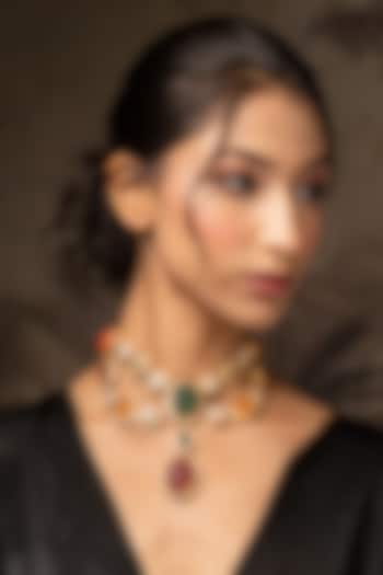 Gold Plated Moissanite Polki & Multi-Colored Stone Necklace In Sterling Silver by Varq Jewels at Pernia's Pop Up Shop