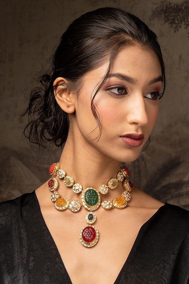 Gold Plated Moissanite Polki & Multi-Colored Stone Necklace In Sterling Silver by Varq Jewels at Pernia's Pop Up Shop