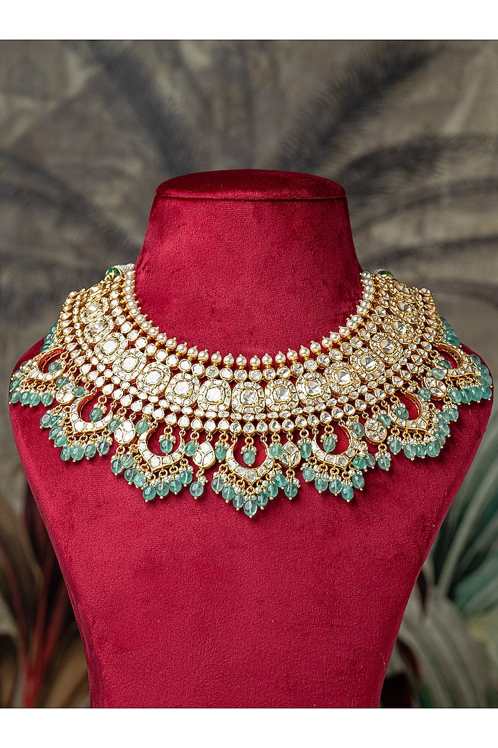 Gold Plated Moissanite Polki & Mint Beaded Necklace In Sterling Silver by Varq Jewels at Pernia's Pop Up Shop