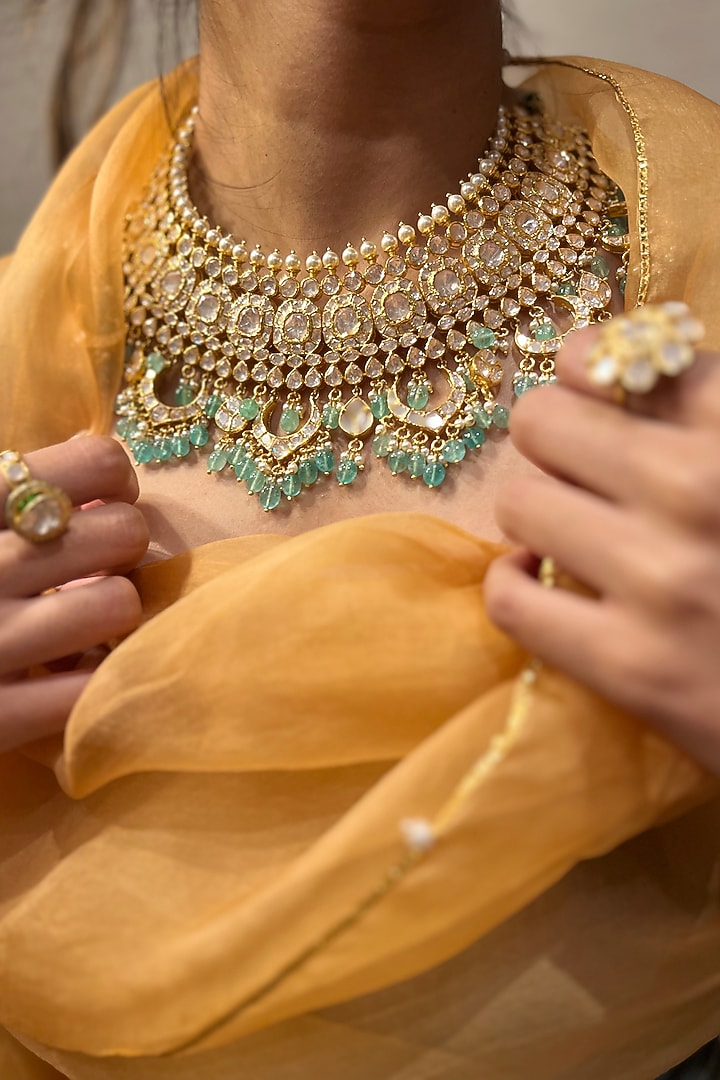 Gold Plated Moissanite Polki & Mint Beaded Necklace In Sterling Silver by Varq Jewels at Pernia's Pop Up Shop