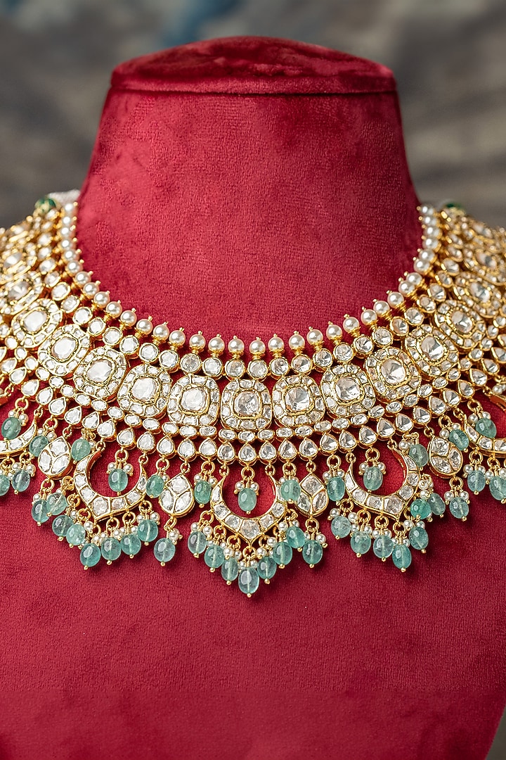 Gold Plated Moissanite Polki & Mint Beaded Necklace In Sterling Silver by Varq Jewels at Pernia's Pop Up Shop