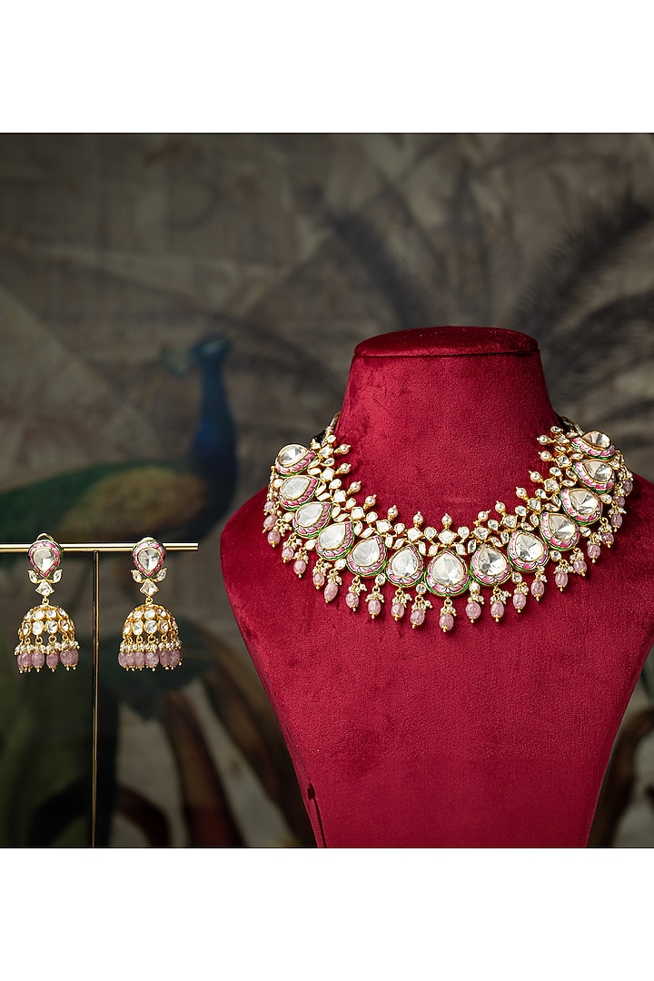 Gold Plated Moissanite Polki Hand Painted Meenakari Necklace Set In Sterling Silver by Varq Jewels at Pernia's Pop Up Shop