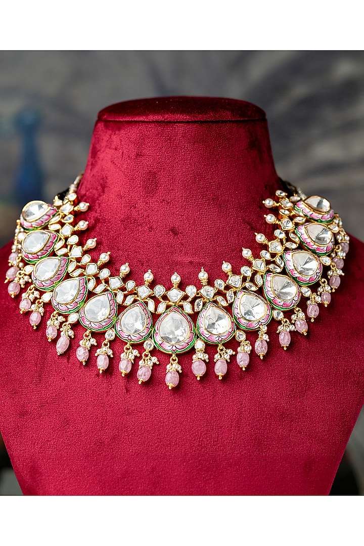 Gold Plated Moissanite Polki Hand Painted Meenakari Necklace Set In Sterling Silver by Varq Jewels at Pernia's Pop Up Shop