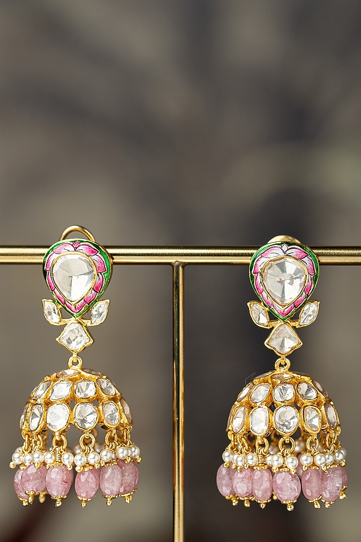 Gold Plated Moissanite Polki Hand Painted Meenakari Necklace Set In Sterling Silver by Varq Jewels at Pernia's Pop Up Shop