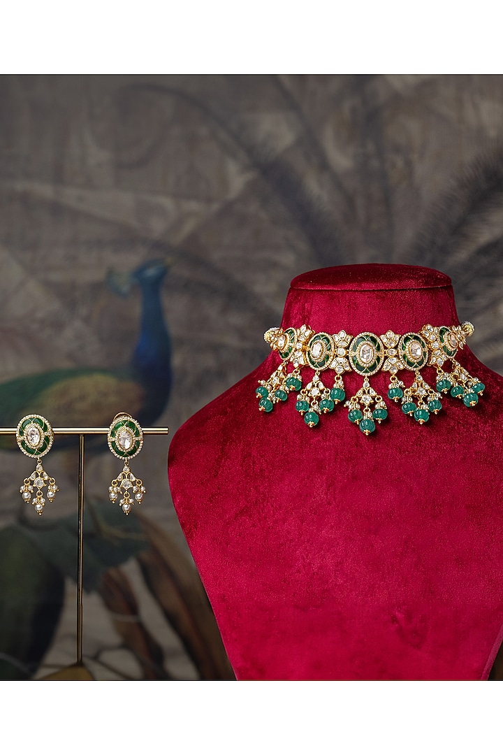 Gold Plated Moissanite Polki & Green Stones Choker Necklace Set In Sterling Silver by Varq Jewels at Pernia's Pop Up Shop