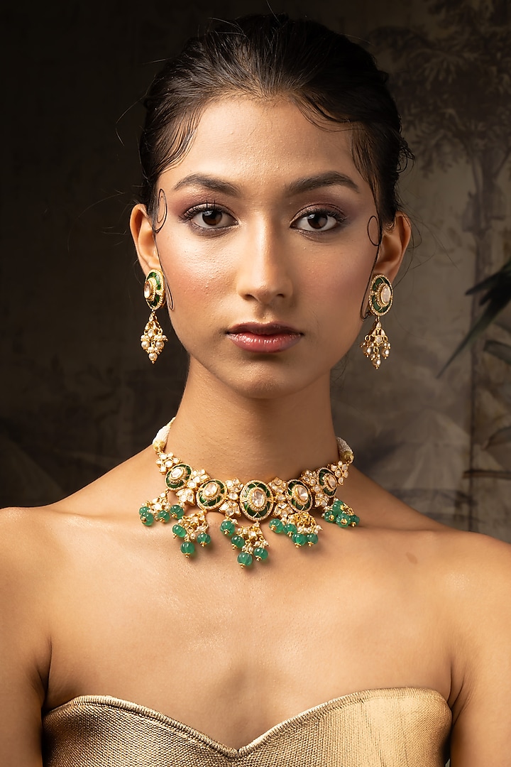 Gold Plated Moissanite Polki & Green Stones Choker Necklace Set In Sterling Silver by Varq Jewels