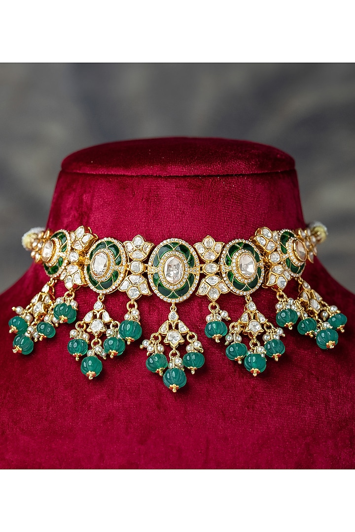 Gold Plated Moissanite Polki & Green Stones Choker Necklace Set In Sterling Silver by Varq Jewels at Pernia's Pop Up Shop