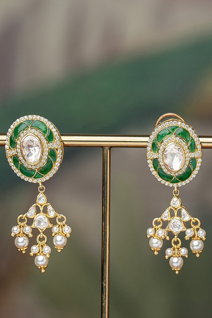 Gold Plated Moissanite Polki & Green Stones Choker Necklace Set In Sterling Silver by Varq Jewels at Pernia's Pop Up Shop