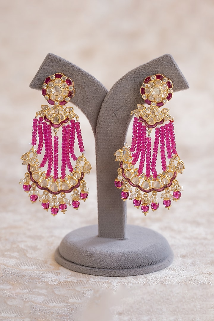 Gold Plated Moissanite Polki & Pink Synthetic Stone Dangler Earrings In Sterling Silver by Varq Jewels at Pernia's Pop Up Shop