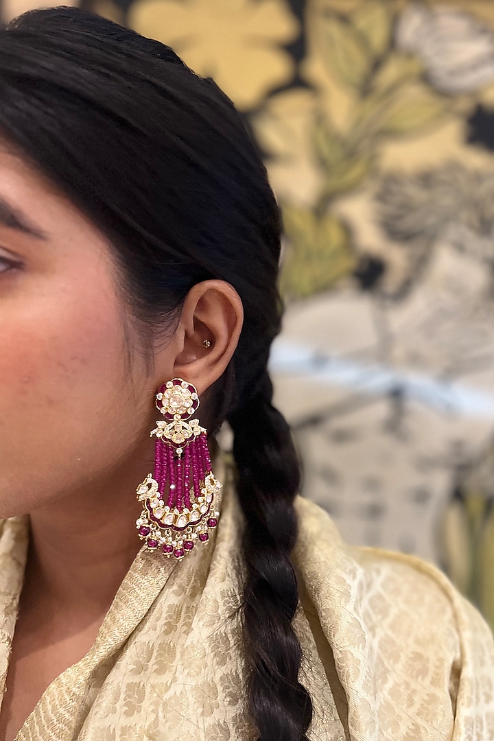 Gold Plated Moissanite Polki & Pink Synthetic Stone Dangler Earrings In Sterling Silver by Varq Jewels at Pernia's Pop Up Shop
