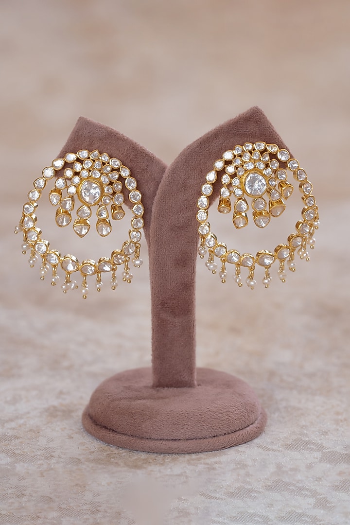 Gold Plated Moissanite Polki & Pearl Beaded Chandbali Earrings In Sterling Silver by Varq Jewels at Pernia's Pop Up Shop