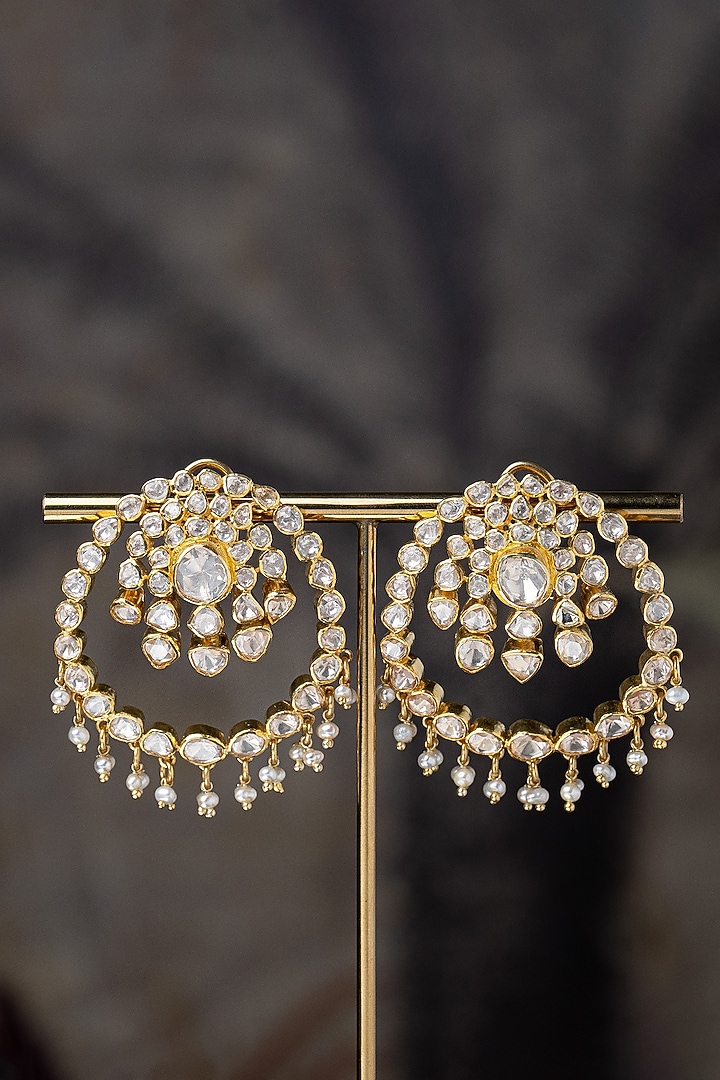 Gold Plated Moissanite Polki & Pearl Beaded Chandbali Earrings In Sterling Silver by Varq Jewels at Pernia's Pop Up Shop